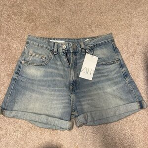 Zara Blue Jean Shorts High-Waisted Cuffed